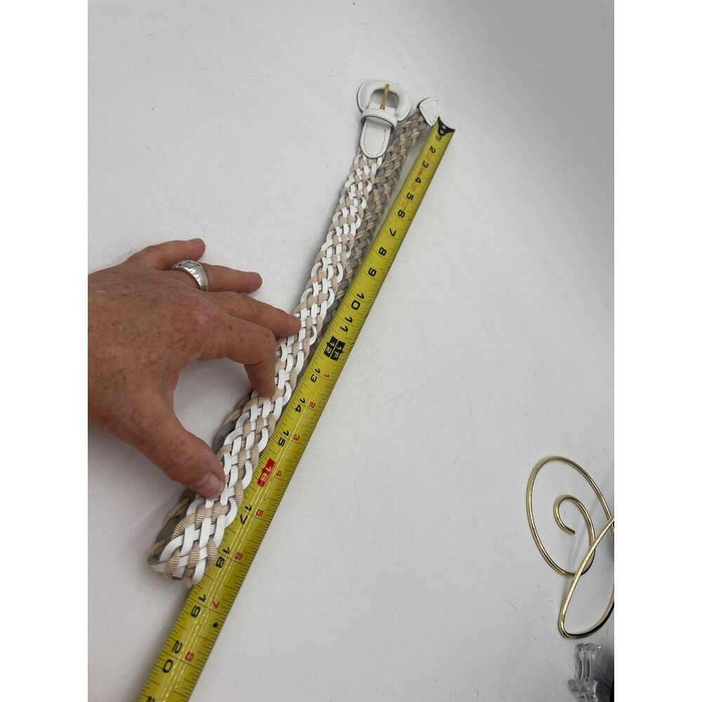 Braided Genuine Bonded Leather Belt With White & Beige Woven Design - Size M - Picture 4 of 4